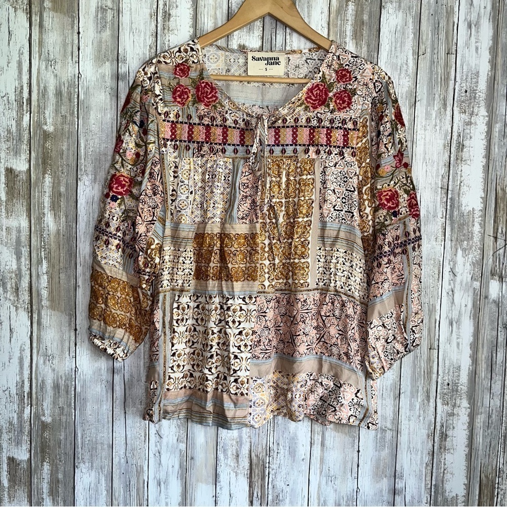 Savanna Jane Floral Patchwork Boho Peasant Blouse Tie Neck Top S - Picture 2 of 7